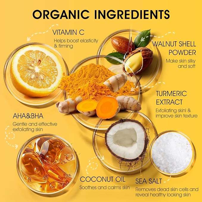 Turmeric Body Scrub, 10% AHA/BHA & Vitamin C Exfoliating Body Scrub, Body Exfoliator for Body Hand Foot Bikini Area, Smooth & Moisturized Skin for Women and Men - 11.3oz