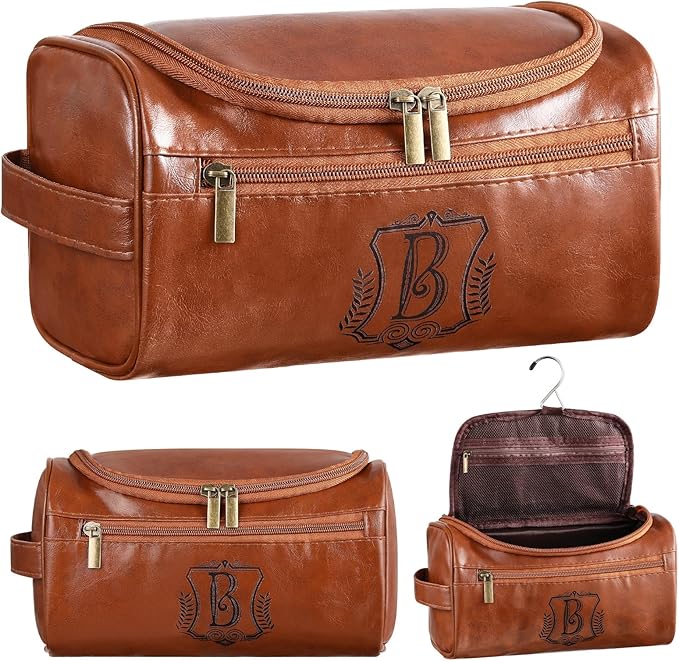 Sadnyy Personalized Leather Toiletry Bag for Men Initial Travel Bag with Hook Monogrammed Toiletry Pouch Leather Travel Bathroom Kit with Side Handle for Him Dad Husband Anniversary Birthday Gifts(B)