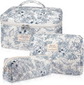 Quilted Makeup Bag Set, Large Floral Cosmetic Bag for Women, Cute Cotton Makeup Bag, Flower Travel Toiletry Organizer Bag. (Navy Blue)