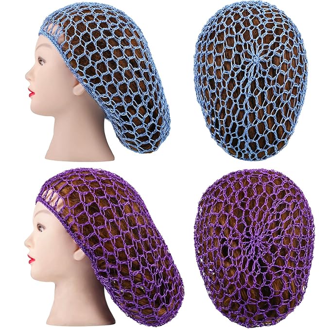 Waydress 2 Pieces Mesh Hair Net Rayon Knit Snood Women Crocheted Sleep Cap (Purple and Blue)