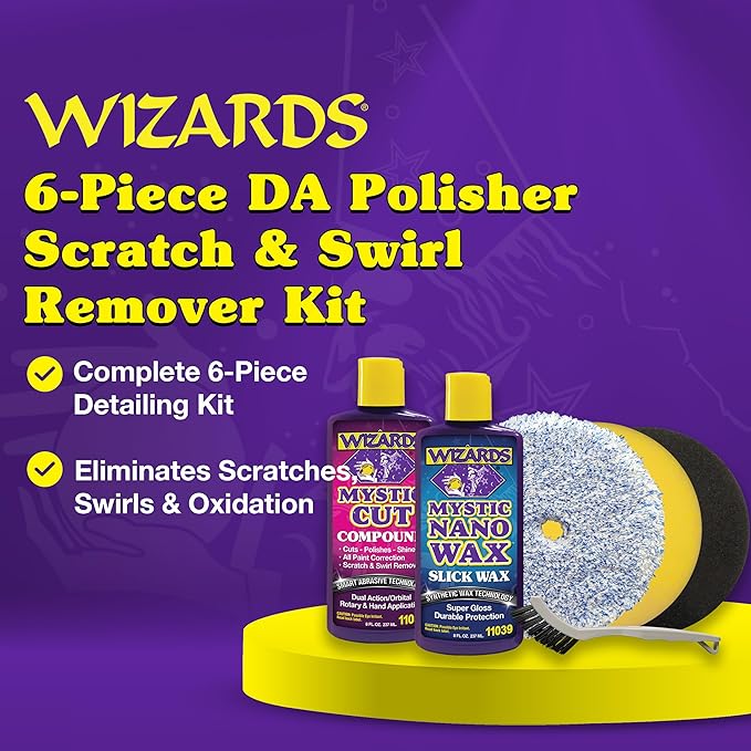 Wizards Buffing Polisher Kit – Foam Cutting Polishing Pads with Wax and Compound - Car Auto Body Scratch Remover - Orbital Buffer Attachment for Painted Surfaces - Paint Correction and Polishing