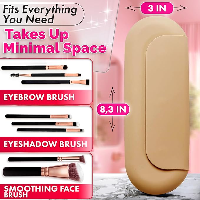 Silicone Makeup Brush Holder Travel – Stylish Silicone Make Up Bag 8.3 in, Travel Makeup Bag for Brushes, Easy-to-Clean Waterproof Case, Fits Purse or Tote, Magnetic Clips, Sturdy Brush Organizer