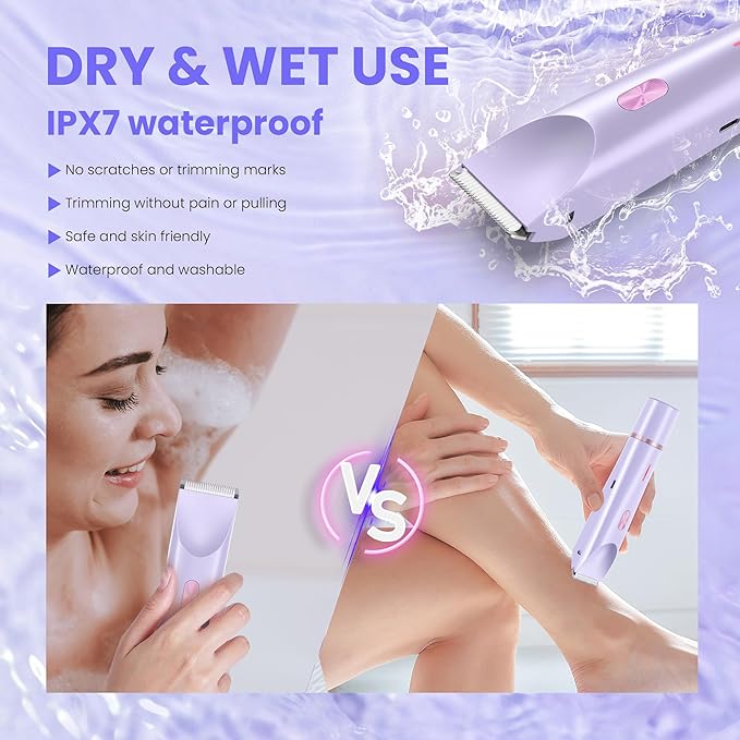 Bikini Trimmer for Women, 2-in-1 Lady Shaver Rechargeable Electric Razor for Women Legs, Body & Intimate Areas, USB-C Wet & Dry Use (Purple)