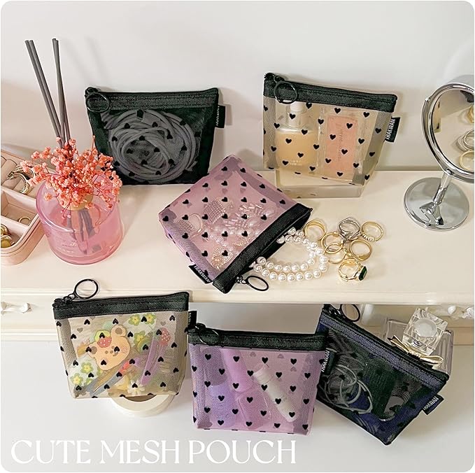 Mini Mesh Heart Makeup Bag Set, Mesh Cosmetic Bags with Zipper, Makeup Lipstick Cosmetic Accessories Organizer Bag, Mesh Pouch for Travel (Multicolor-6pcs)