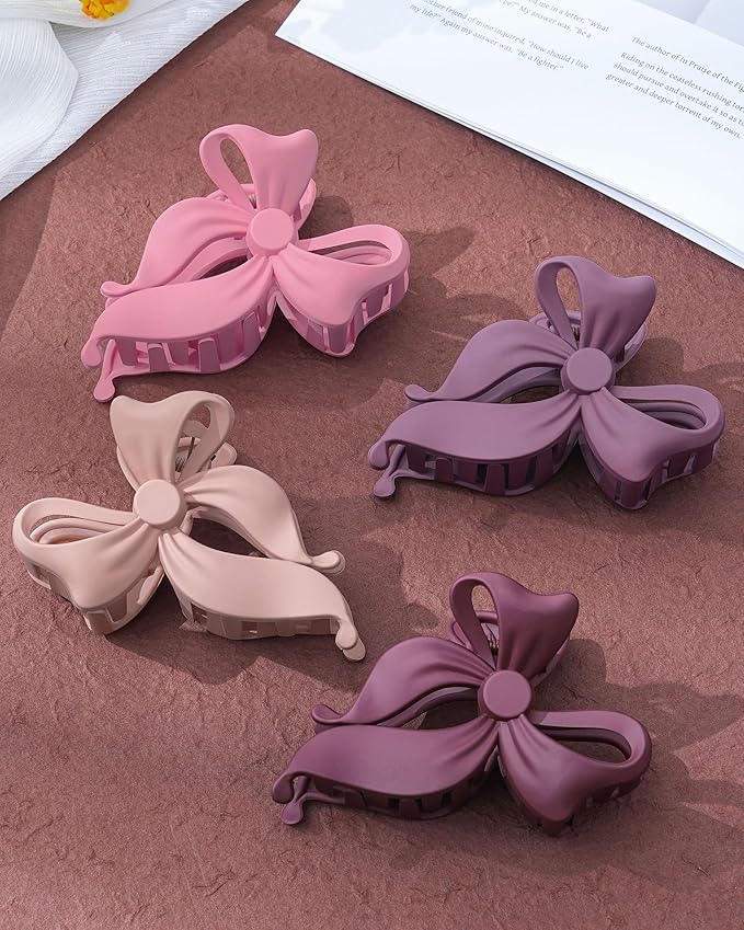 Mesovor 4 pack Cute Bow Claw Clip for Women, Nonslip Large Matte Strong Hold Bows Hair Clips for Thin and Thick Hair | Chic Hair Styling Accessories (Matte Pink, Matte Purple)