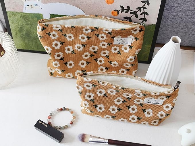 HAPPYHEIDI Floral Makeup Bag Set 3 Cosmetic Toiletry Organizer Zipper Pouch for Purse Tote, Women Girls Gift, Large Medium Small, Kihaki Brown Corduroy