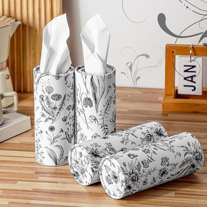 Zonon 4 Pcs Vintage Floral Car Tissue Cylinder with 240 Sheets 3 Ply Facial Tissue Bulk Round Tissues Holder Box Travel Tubes for Car Cup Holder Round Container