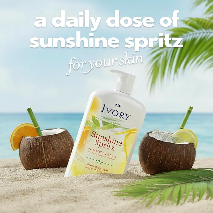 Ivory Body Wash, Designed for the Whole Family, Gentle Formula, Free of Dyes Heavy Perfumes, Parabens & Phthalates, Sunshine Spritz Scent, 35 oz