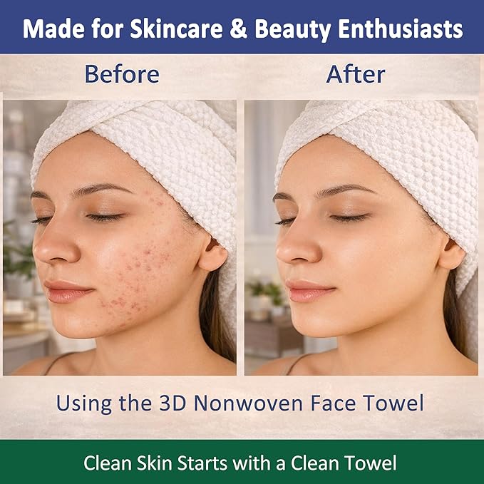 3D Nonwoven Face Towels-XL 13”x10”, 50Cts=150 Uses, Cut Waste & Cost 70%, Ultra-Clean, Soft & Durable, Dual-Surface: Cleanse, Exfoliate, Includes Wash Bag & Hook