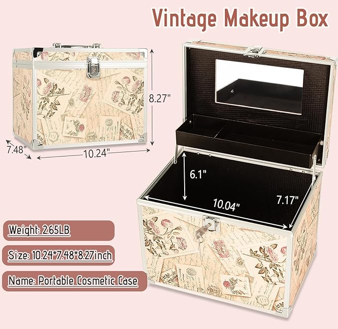VNIMTI Makeup Train Case, Portable Makeup Box with Mirror, Cosmetic Storage Box for Women with Trays, Makeup Box Organizer (Vintage Stamp - Box -Size L)