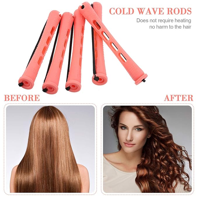 Chuangdi 24 Pcs Hair Perm Rods Plastic Cold Wave Perming Curlers Hair Rollers with Steel Pintail Comb Rat Tail Comb Tools for Hairdressing Styling(Pink,0.51 Inches)