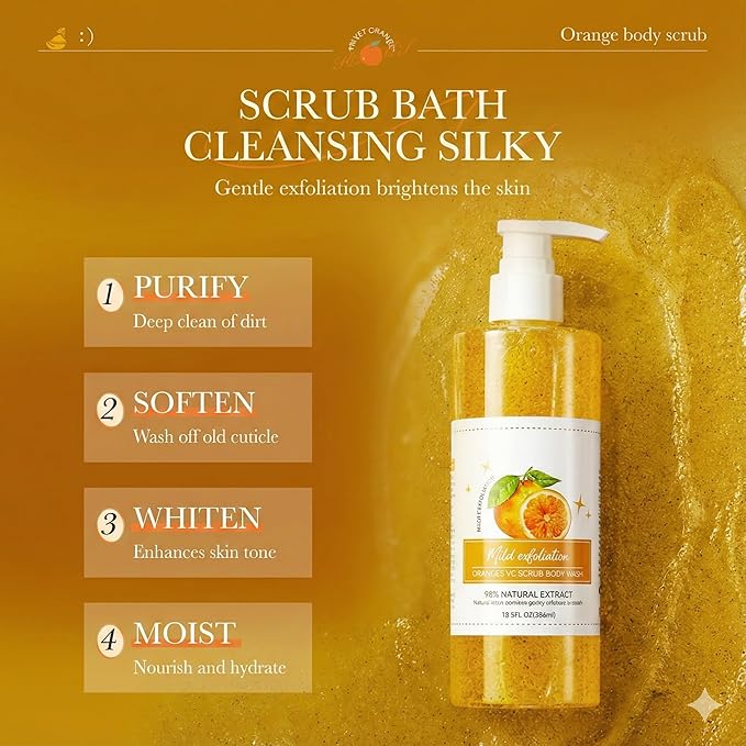 Orange Exfoliating Body Wash - [300ml] Vitamin C Brightening Shower Gel with Natural Scrub - Citrus Scented Mild Body Scrub for Glowing Skin & Roughness - Refreshing Daily Cleanser