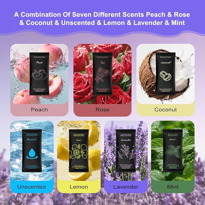 Moist Cotton Towel Bulk Moist Towelettes Individually Wrapped 8.7" x 8.7",White Towel Services,Refreshment Pre Moistened Towels Lavender Lemon Mint Unscented Peach Rose Coconut for Sport Spa (28)
