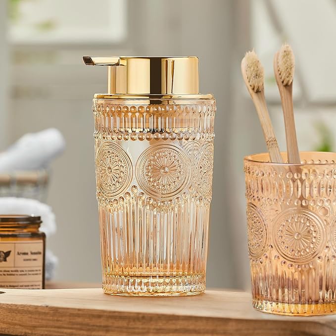 Glass Foam Soap Dispenser - Toothbrush Holder & Refillable Lotion Dispenser (S-Gold-Foaming)