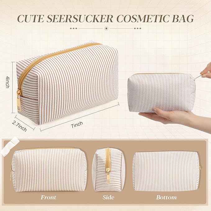 Sanwuta 6 Pcs Seersucker Cosmetic Bags Bulk Seersucker Makeup Bags Stripe Women Pouch Large Preppy Storage Pouch Toiletry Travel Organizer for Wedding Bridesmaid Bride Favor Mom Gift (Khaki)