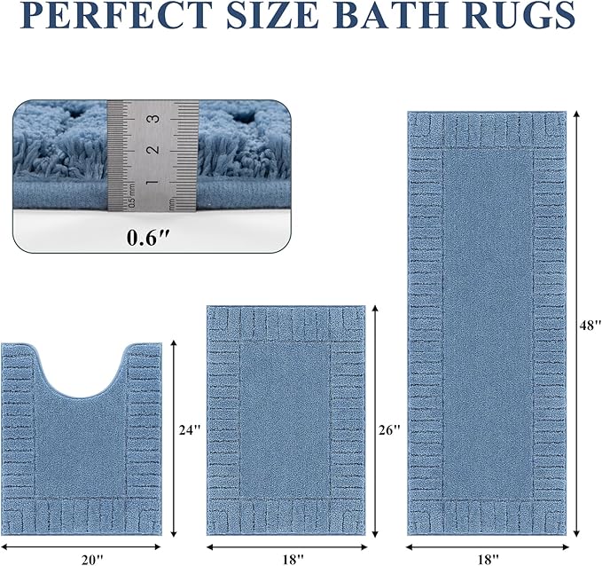 Pauwer Bathroom Rugs Sets 3 Piece Bathroom Shower Rugs with U-Shaped Contour Toilet Mat Absorbent Microfiber Plush Bath Mats Non Slip Bath Rugs Machine Washable Shaggy Bath Mat Set, Blue