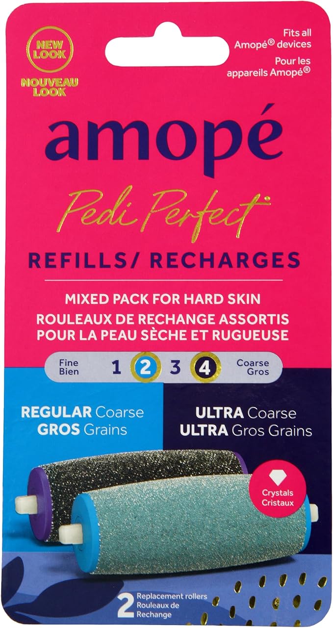 Amope Pedi Perfect Electric Callus Remover Foot File Roller Head Refills, with Diamond Crystals, Removes Hard & Dead Skin, Mixed Pack for Hard Skin, 1 Regular Coarse & 1 Ultra Coarse Refill – 2 Count