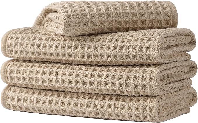 Microfiber Waffle Face Towels, 4 Pieces, Soft, Absorbent, Fast Drying, Lint Free 430 GSM (Beige)