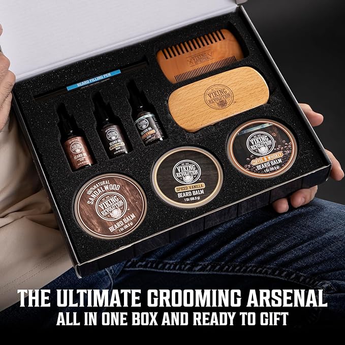 Viking Revolution Ultimate Beard Care Collection - Gifts for Men Includes Oil, Balm, Brush, Comb and Pen - Beard Kit for Men with Sandalwood, Spiced Vanilla, Coffee Whiskey, Sweet Tobacco