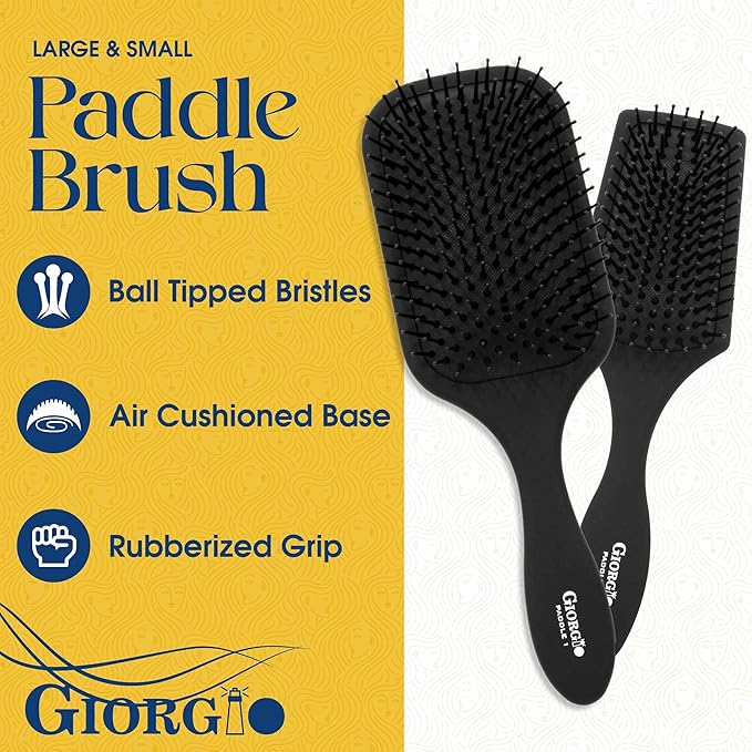 Giorgio Hair Brush Set - Black Paddle Brush with Tourmaline Ball Tip Bristles for Women, Men, Wet or Dry, Long, Thick, or Curly Hair