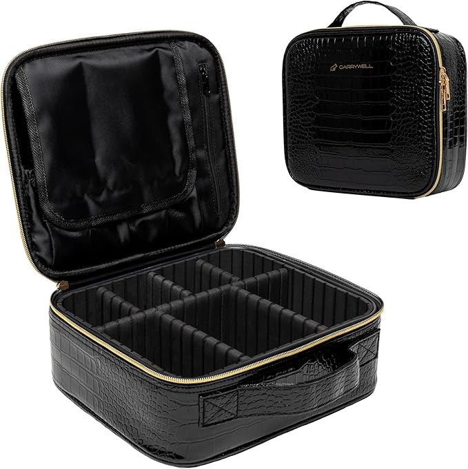 Carrywell Makeup Bag Travel Case, Not-Made In China, Hard Train Case for Cosmetics, Portable Beauty Artists Organizer, Storage Box With Adjustable Dividers For Make Up and Brushes, Small Crocodile