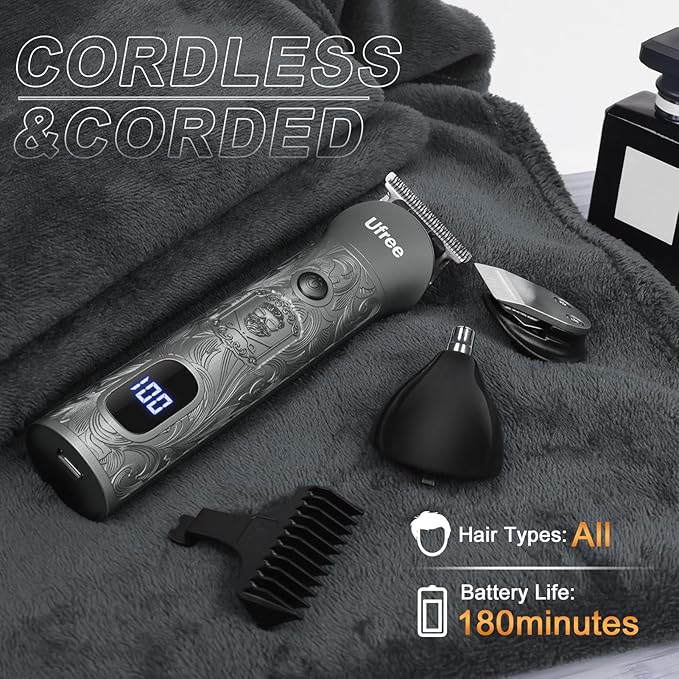 Ufree Hair Clippers for Men Professional with Beard Trimmer, Barber Clippers and Trimmers Set, Electric Razor Shavers for Men, Cordless Mens Grooming Kit for Nose, Face, Hair, Gifts Gray