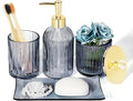 Designer Blue Glass Bathroom Accessories Sets - 4 Pcs with Lotion Soap Dispenser, Bathroom Toothbrush Holder, Vanity Tray, and Apothecary Jar, Vintage Bathroom Decor, Gift Countertop Organizer