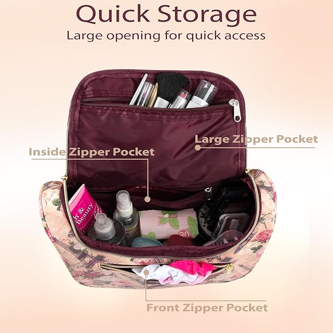 Emma & Chloe Large Cosmetic Case Makeup Organizer, Toiletry Bag for Women | 4 Section Waterproof Travel Make Up Organizing Bags (Pretty in Paris)