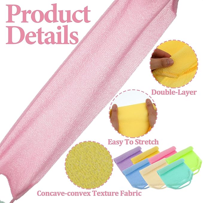 7 Pcs Exfoliating Back Scrubber with Handles, Nylon Back Exfoliator Extended Length Back Washers Scrubbers, Stretchable Exfoliating Washcloth Pull Strap Shower Scrubber for Body Cleans Skin Massages