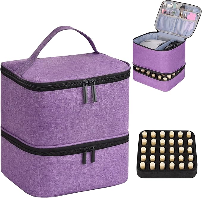 Nail Polish Organizer Holds 30 Bottles (15ml) and 1 Nail Light Nail Polish Carrying Case with Storage Pockets for Manicure Tools Double Layer Nail Storage Travel Bag with Handle (A-Purple)