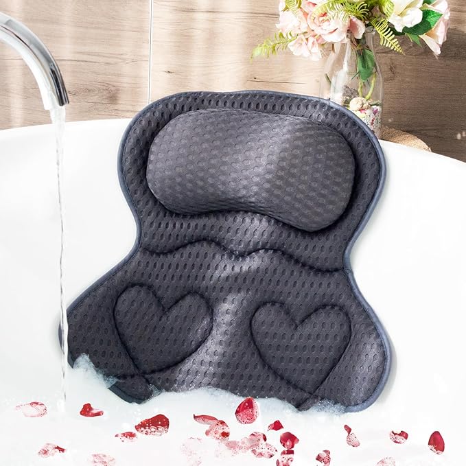 Bath Pillows for Tub Luxury, Bath Pillow for Head and Neck, Fit Bathtub Hot Tub Relaxing Gifts for Women, Comfort 4D Air Mesh Fabric & 6 Non-Slip Suction Cups (Gray)