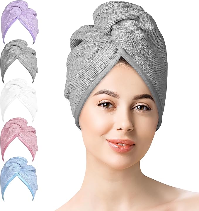 YoulerTex Microfiber Hair Towel Hairs Wrap: 2 Pack 10X26 Hairs Dryer Towels for Women Absorbent Turban Twist Drying Shower Cap Curly Products for Hair Care Accessories (5-Pcs Multicolor)