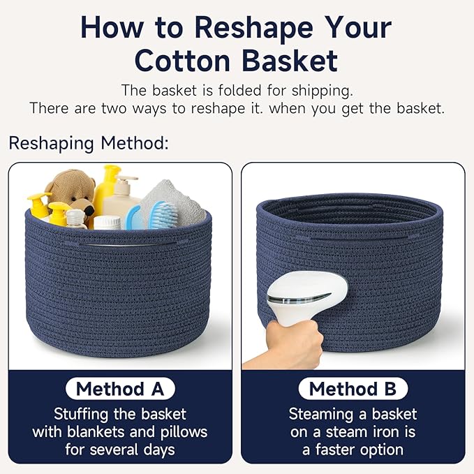 Small Rope Baskets for Storage, Baskets for Gifts Empty, Cute Round Woven Baskets, Decorative Shelf Basket 9.82×9.82×7.1", Cotton Toy Basket Storage Bins for Organizer 3 Packs Navy Blue