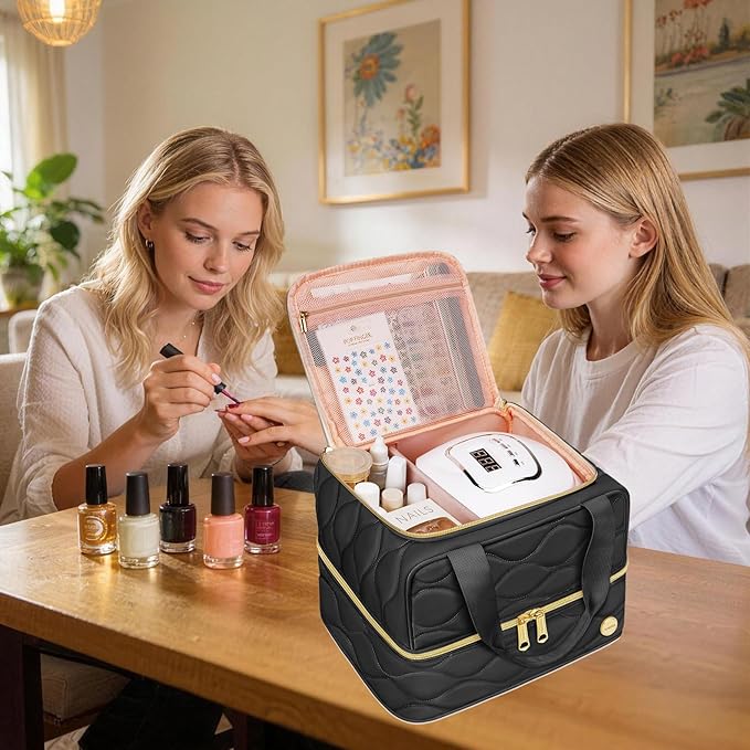 YOREPEK Nail Polish Organizer Holds 42+ Bottles (15ml/0.5 fl.oz), 2-Layer Nail Travel Case with Compartments for Nail Stuff, Nail Tech Organizers and Storage for Supplies, Gifts for Manicurist, Black