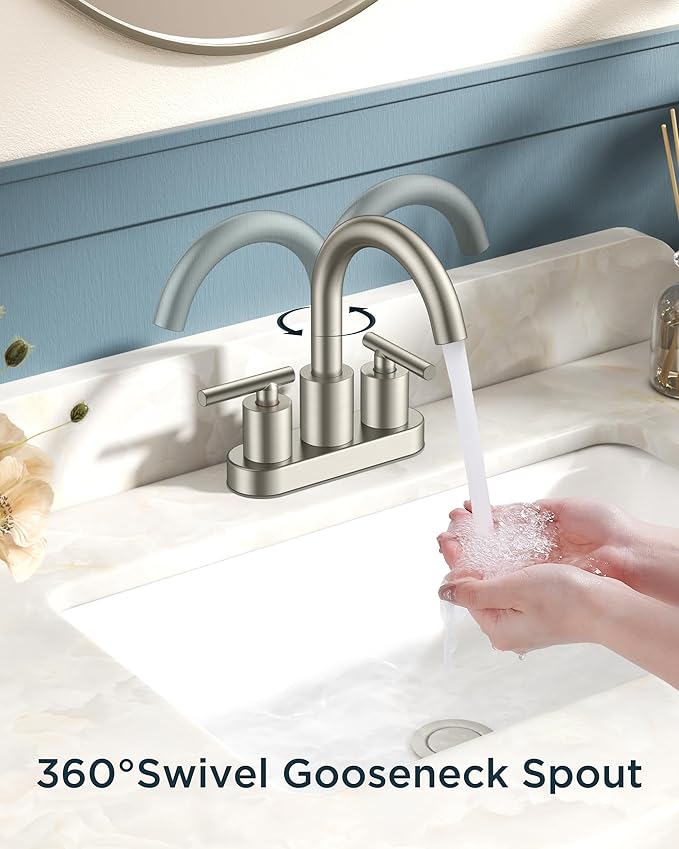 FORIOUS Brushed Nickel Bathroom Faucet 2 Hole, 4 Inch Centerset Bathroom Sink Faucet Brushed Nickel with Pop-up Dain, 24" CUPC Hoses, 360° Swivel Gooseneck for RV Basin