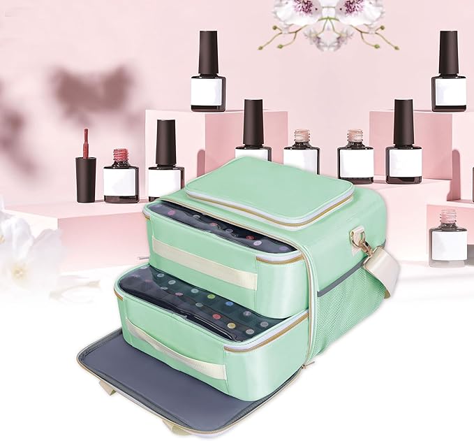 Nail Polish Organizer Holds 80 Bottles, with Two Removable Case, Portable Travel Nail Kit Storage Bag for Manicurist, Nail Art Enthusiasts,Green