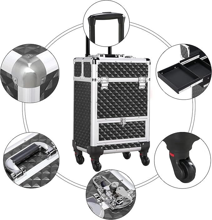 Yaheetech Rolling Makeup Train Case Aluminum Cosmetic Case with Wheels Barber Case Salon Lockable Travel Trolley with Sliding Drawers Removable Divider, Black/Silver