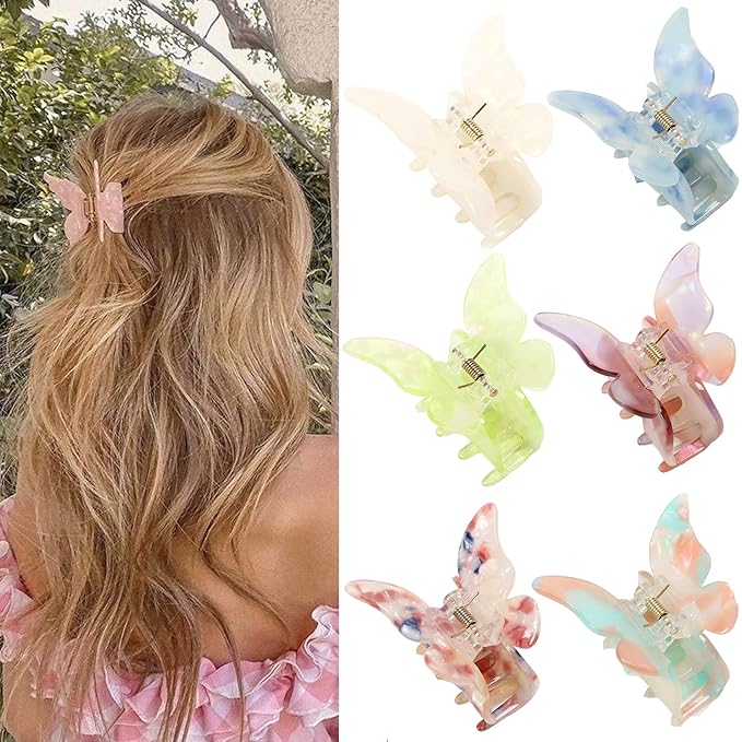 NAISIER Hair Claw Butterfly Tortoise Shell Hair Claw Clips Jaw Clips 2.3 inch Girls Butterfly Hair Clips,Hair Clips Hair Accessories for Girls and Women. (Mixed color, 6 pack)
