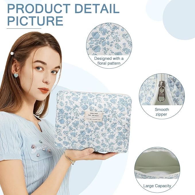 2PC Makeup Bag Set, Cute Cosmetic Bag for Women Girls, Floral Coquette Aesthetic Toiletry Bag, Travel Make Up Organizer Bag (White Blue Butterfly Flower)