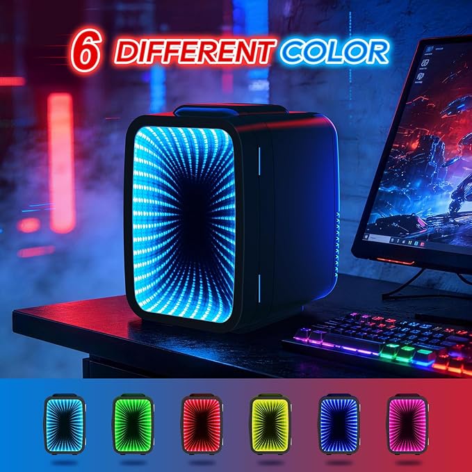 Mini Fridge, 4L/6 Can Small fridge with Dimmable Gaming Light for Bedroom,Office,Gaming room and Car,AC/DC Portable Thermoelectric Cooler & Warmer for Food, Drinks, Skincare,Black