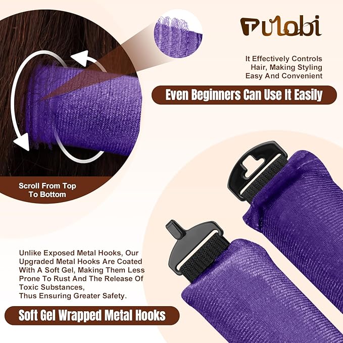 TULOBI 3 Pcs Heatless Curls Overnight - Upgraded Velvet Heatless Hair Curler with Velcro Fastener, Overnight Jumbo Blowout Rods, Hair Curlers to Sleep in for All Hair Types (Purple)