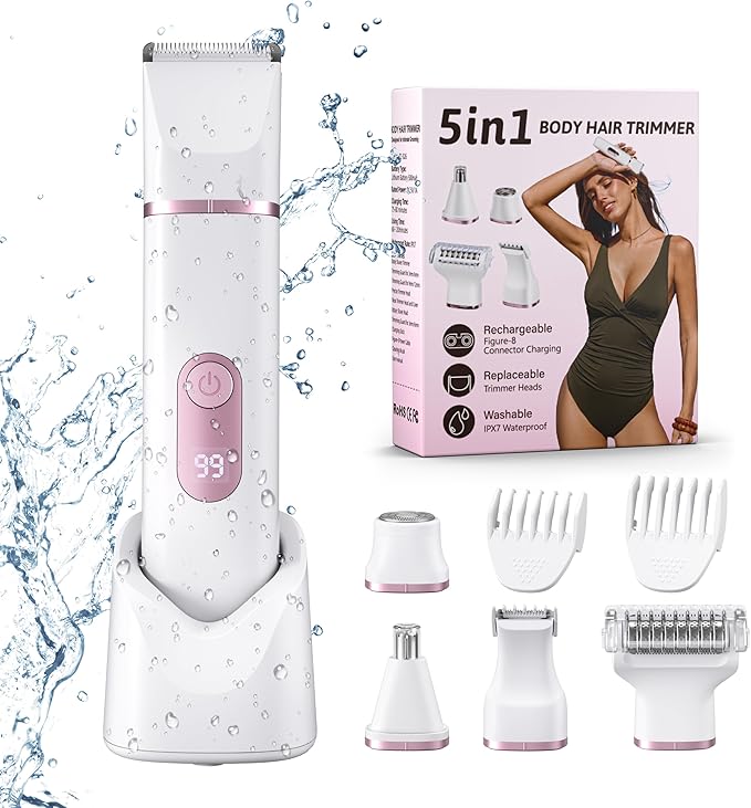 5-in-1 Bikini Trimmer for Women: IPX7 Waterproof Electric Razor Shaver for Silk Skin, Easy Cleaning, 5 Head, Rechargeable Body Hair Removal, LED Display, Ceramic Blade, Gifts for Her