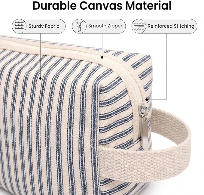 3 Pcs Canvas Makeup Bag Set Cosmetic Pouch for Women Travel Toiletry Bag Cute Makeup Organizer Purse Pouch Preppy Pencil Case with Zipper (Blue Pinstripes)