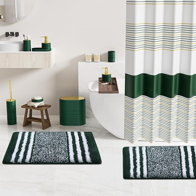 Bathroom Set - Bathroom Sets with Shower Curtain and Rugs, 25PC Bathroom Accessory Set, Green Bathroom Accessories Set with Trash Can, Soap Dispensers