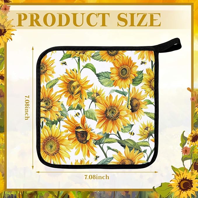 Bencailor 12 Pcs Pot Holders with Pocket Kitchen Hot Potholders Hot Pad Oven Mitts Cookie Bag Oven Gloves for Kitchen Gift Baking Cooking(Yellow,Black and White Sunflower)