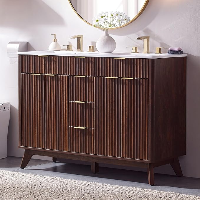 T4TREAM 48" Fluted Bathroom Vanity with Resin Sink Combo，Freestanding Modern Bathroom Storage Vanity Cabinet with Soft Closing Doors & 2 Drawers，Wood Grain Texture，Metal Handle，Dark Walnut
