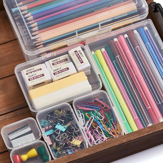 42 Pack Rectangular Clear Plastic Storage Containers Box with Hinged Lid & Labels for Beads and Other Small Craft Items (Mixed Sizes 3)