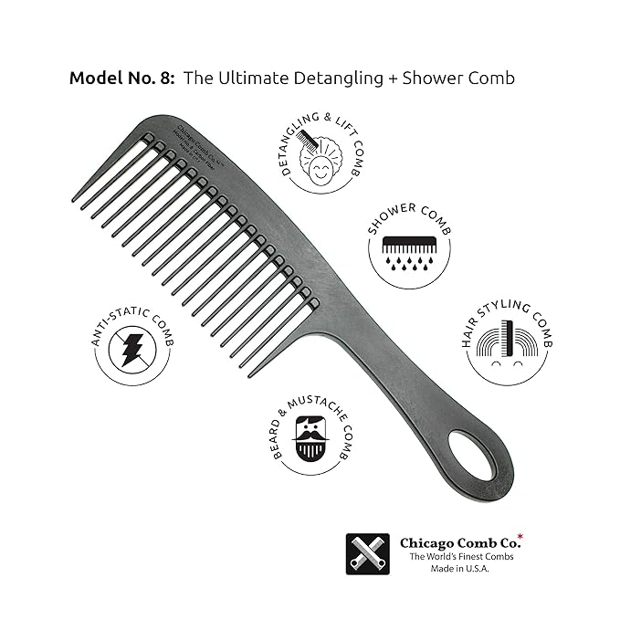 Chicago Comb Model 8 Carbon Fiber, Made in USA, Anti-static, Detangling & Shower comb, adds Lift & Volume, 8.5 inches (21.5 cm) long