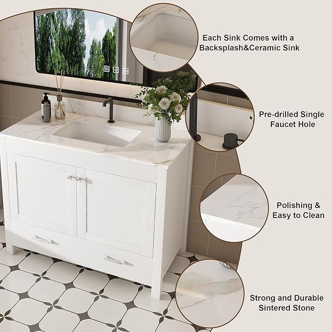 Montary 42" Bathroom Vanity with 43" Sintered Stone Carrara Gold Top, Modern Stylish MDF Bathroom Storage Cabinet, Vanity Set with 2 Doors and One Large Divided Drawer, White (Single Hole)