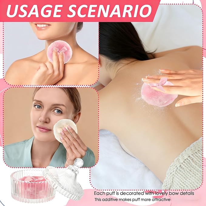 3 PCS Large Body Powder Puff and Container Powder Container with 2 Pcs 3.54 Inch Puff Soft Velour Reusable Washable Crystal Case Valentine's Day Gift for Face Body Glitter Makeup Wet Dry Use